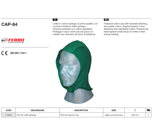 Подшлемник сварочный CAP-64 Ferro из хлопка с пропиткой PROBAN
