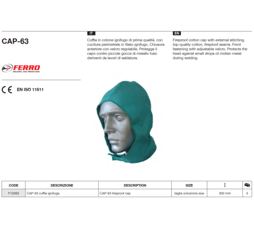 Подшлемник сварочный хлопковый Ferro AZIA с пропиткой PROBAN