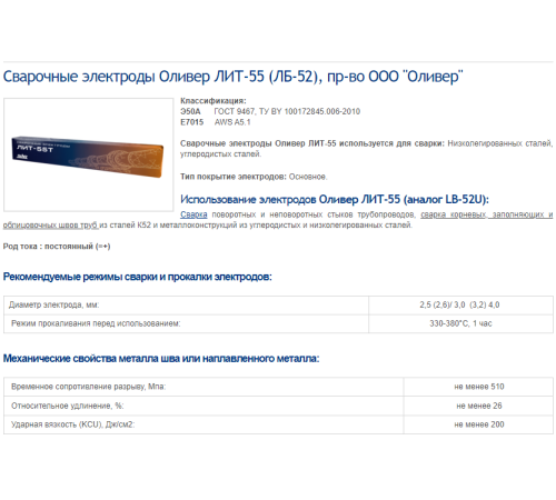 Электроды сварочные OLIVER PRO ЛИТ-55т 2.0 мм