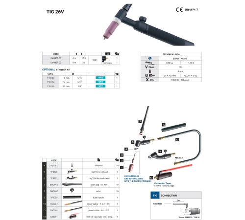 Горелка аргонодуговая TIG 26V Trafimet 4 метра